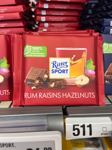 Ritter Sport Rum Raisins Hazelnuts Milk Chocolate 100g